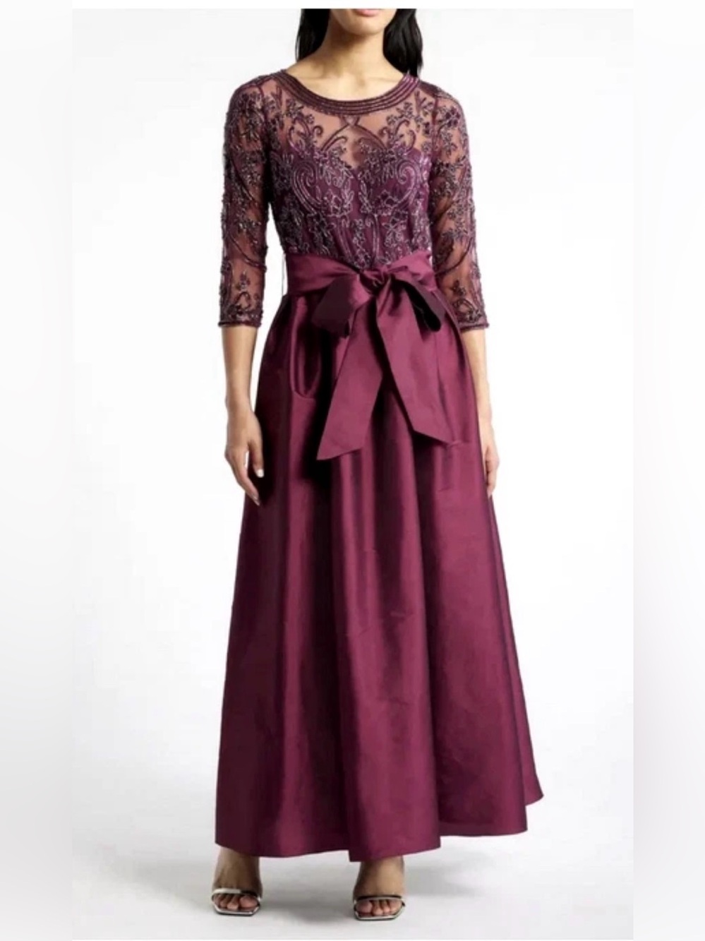 PISARRO NIGHTS Elegant Beaded Burgundy Lace & Satin Evening Dress/ 8 / NWT /$268